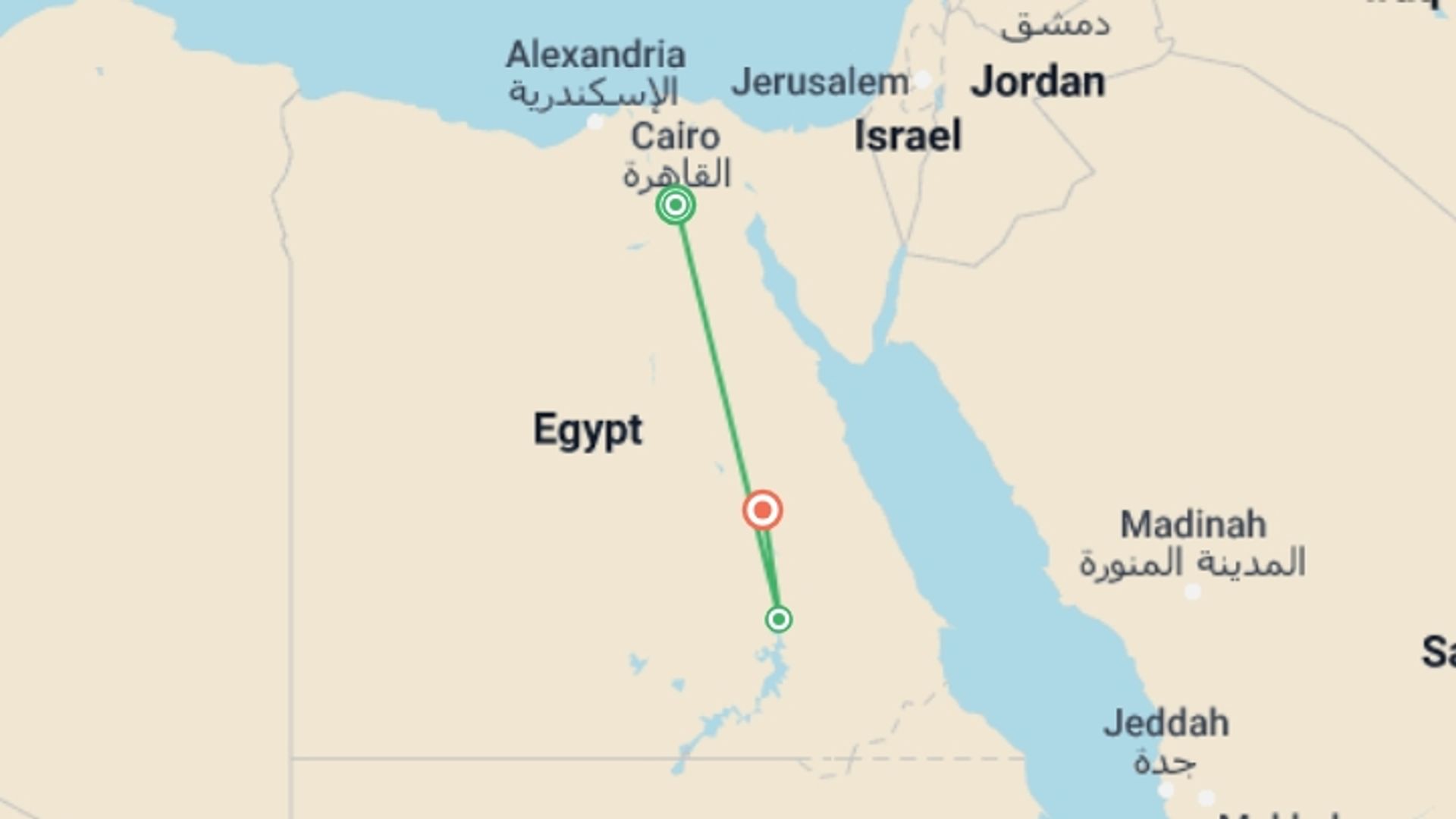 A map showing the tour itinerary for the trip: Journey to the heart of the Nile, starting in Cairo, Egypt and ending in Luxor, Egypt going through 1 other destinations.