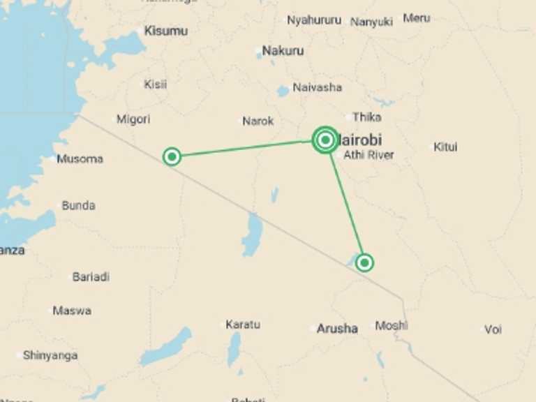 Map of East Africa Tour with 3 destination visits for the trip: Kenya Safari 35 to 45