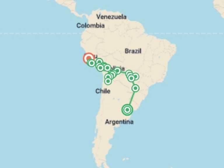 Map itinerary of South America Tour in March 2026 with 23 destination visits for the trip: Buenos Aires to Lima (via Pantanal) Travel Pass