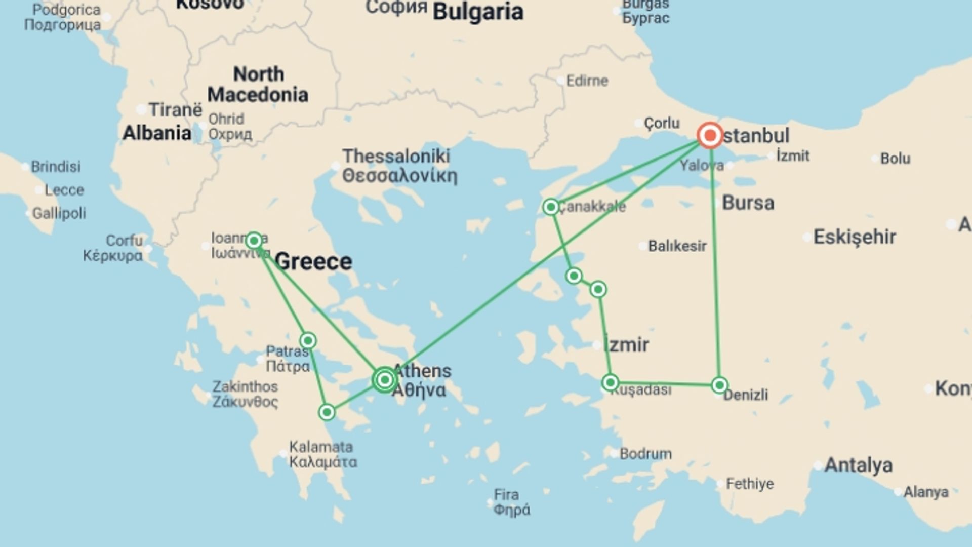 A map showing the tour itinerary for the trip: The Best of Greece & Turkey, starting in Athens, Greece and ending in Istanbul, Turkey going through 7 other destinations.