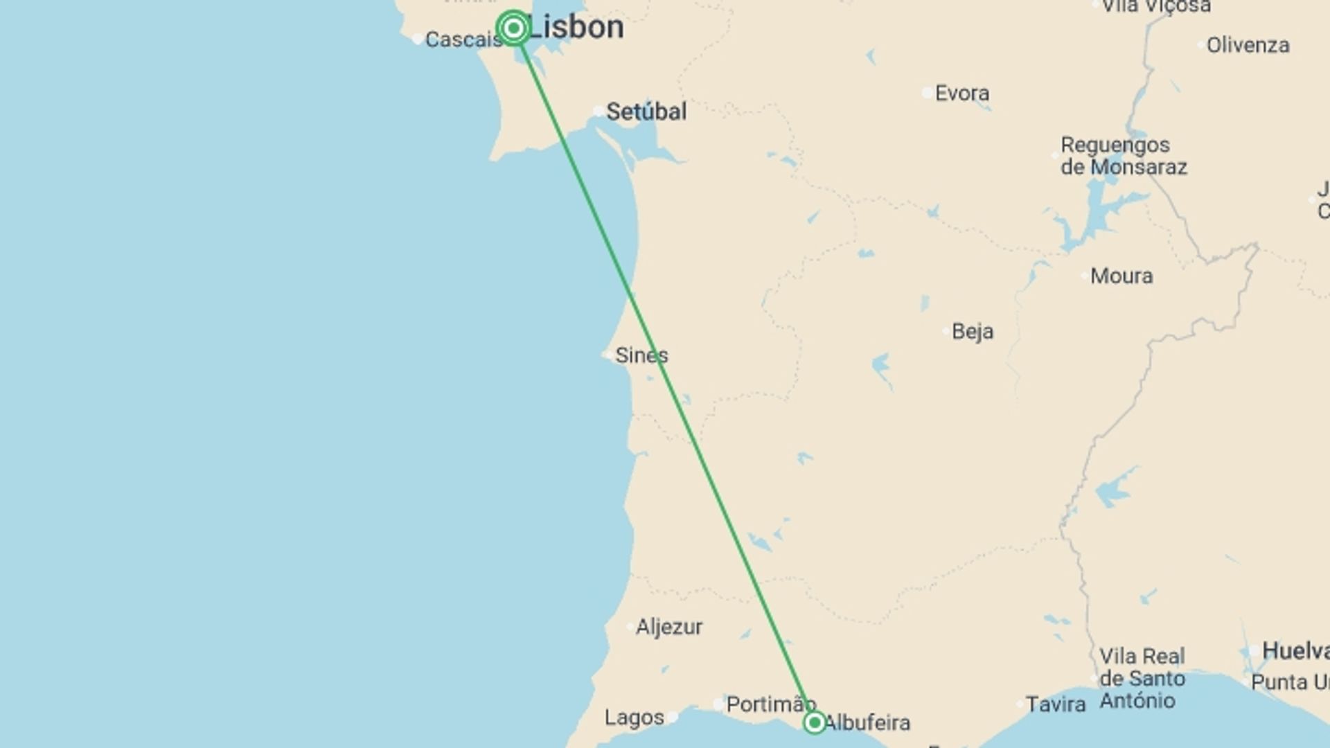 A map showing the tour itinerary for the trip: Southern Portugal with Lisbon, starting in Lisbon, Portugal and ending in Lisbon, Portugal going through 1 other destinations.