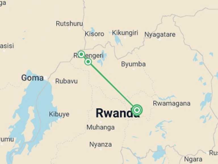 Map itinerary of Kigali Tour in December 2025 with 2 destination visits for the trip: Gorillas Through The Mist, 4 Days - Bisate Lodge (on Request)