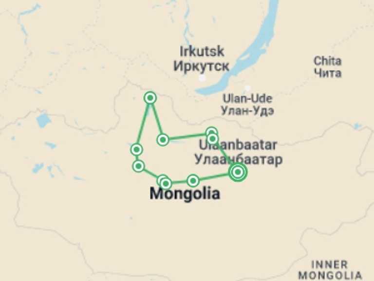 Map itinerary of Mongolia Tour in September 2026 with 10 destination visits for the trip: Wild Mongolia