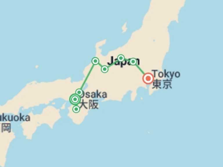 Map itinerary of Asia Tour in September 2026 with 8 destination visits for the trip: Cultural Wonders of Japan Expedition - 11 days
