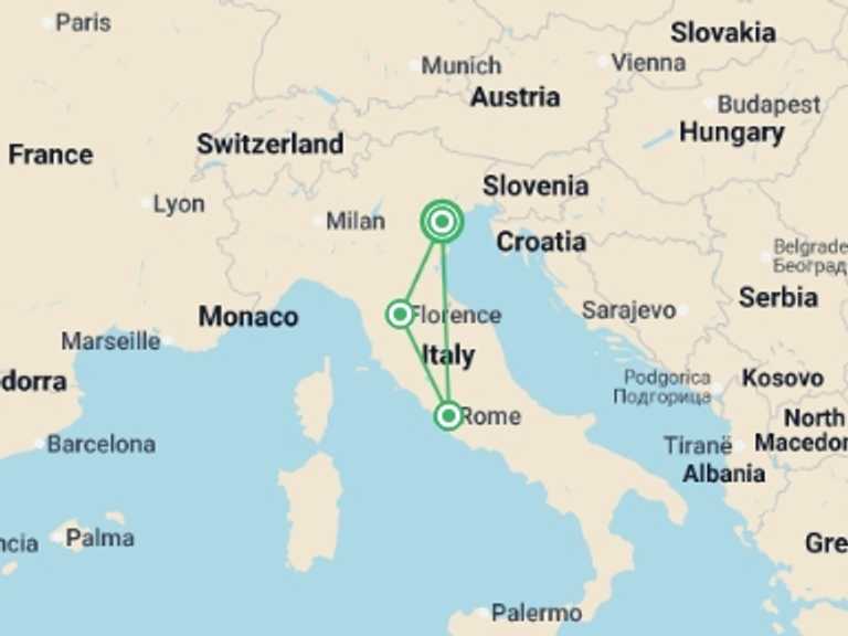 Map itinerary of Italy Tour in May 2027 with 4 destination visits for the trip: Italia Classica (small Group)