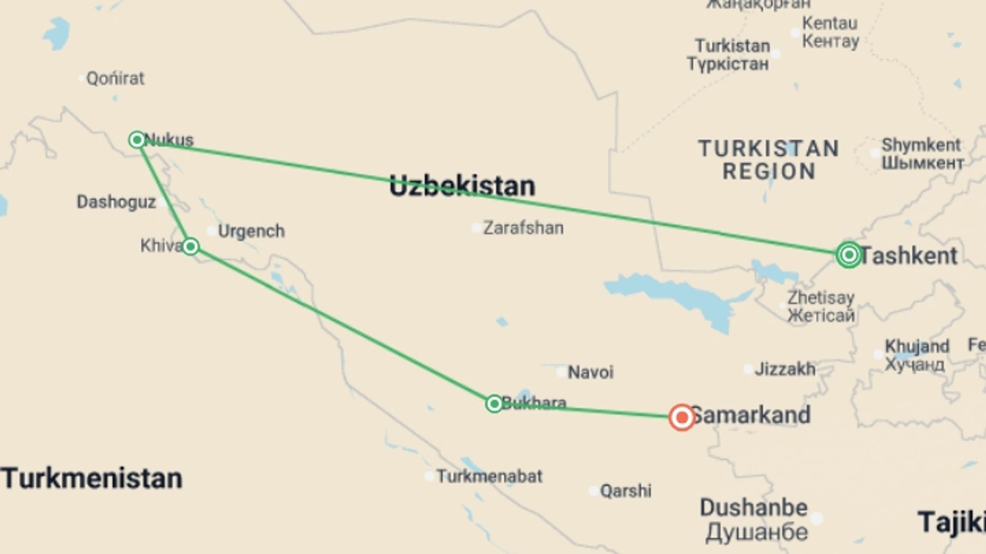 A map showing the tour itinerary for the trip: Upgraded - Treasures of Uzbekistan, starting in Tashkent, Uzbekistan and ending in Samarkand, Uzbekistan going through 3 other destinations.