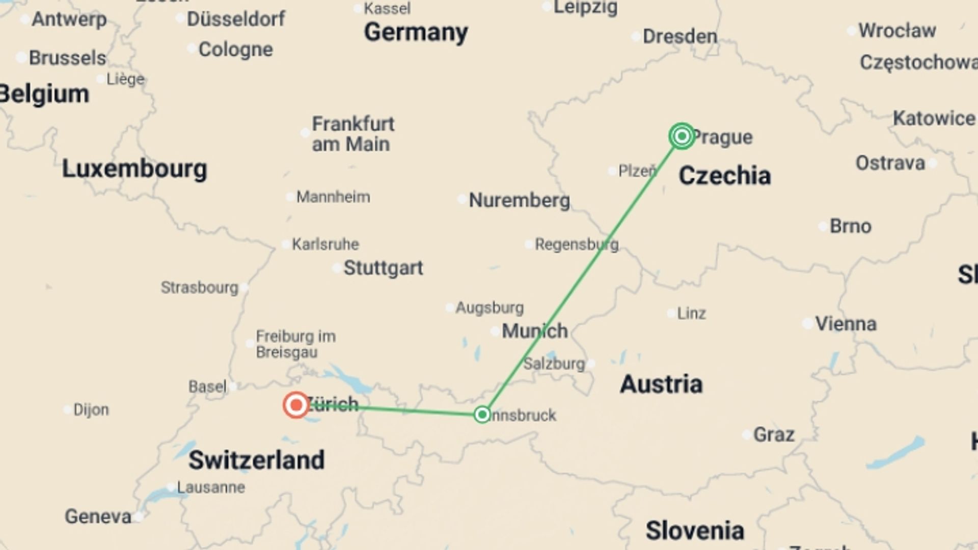 A map showing the tour itinerary for the trip: From Prague to Zurich GO, starting in Prague, Czech Republic and ending in Zurich, Switzerland going through 1 other destinations.