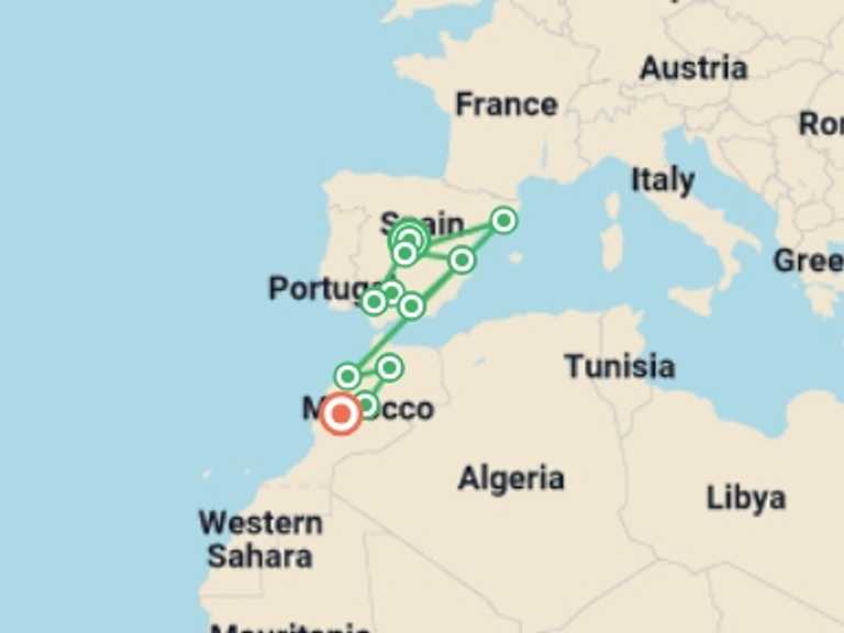 Map of Seville Cultural, religious and historic sites Tour with 10 destination visits for the trip: Premium Spain & Morocco