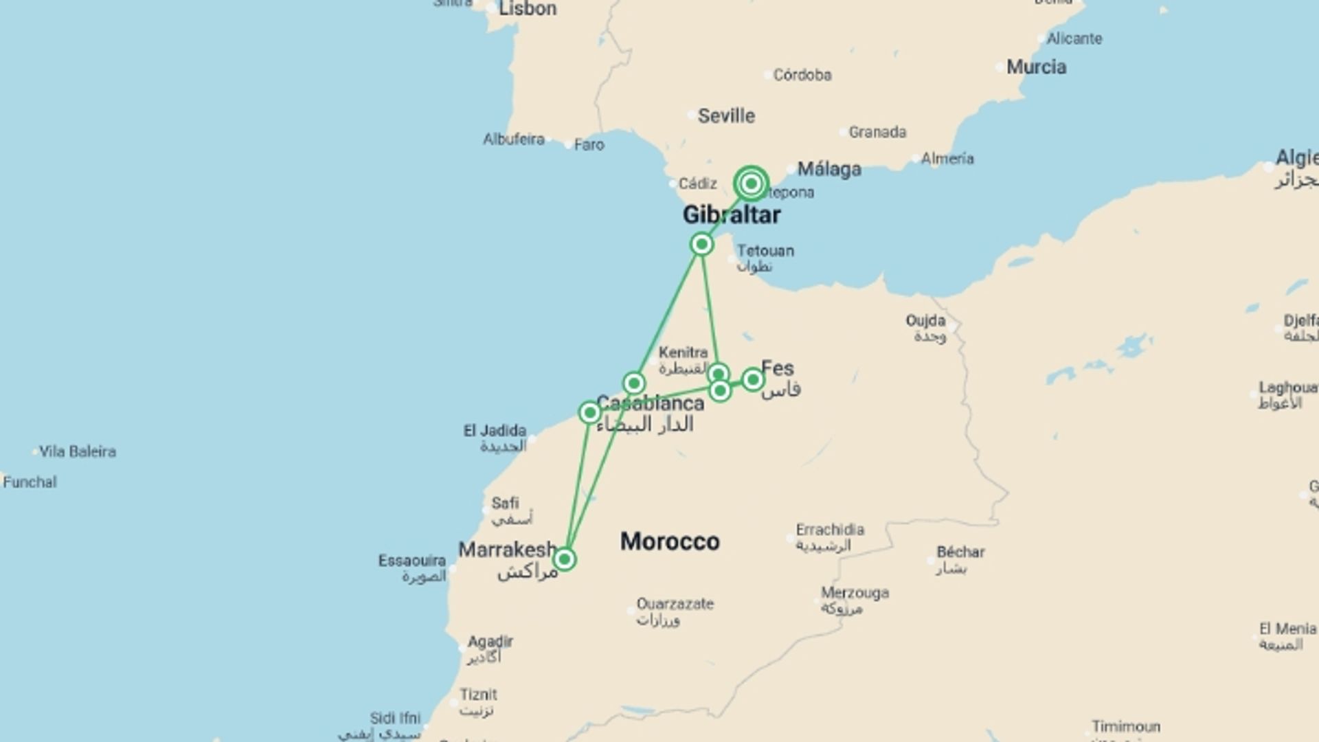 A map showing the tour itinerary for the trip: Imperial Morocco From the Costa del Sol - 7 days, starting in Costa del Sol, Spain and ending in Costa del Sol, Spain going through 4 other destinations.