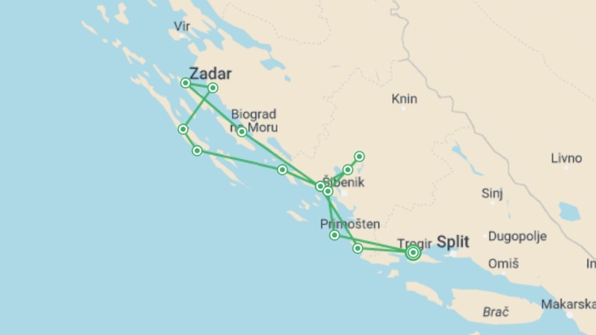 A map showing the tour itinerary for the trip: North Dalmatia Bike & Boat - Deluxe, starting in Trogir, Croatia and ending in Trogir, Croatia going through 6 other destinations.