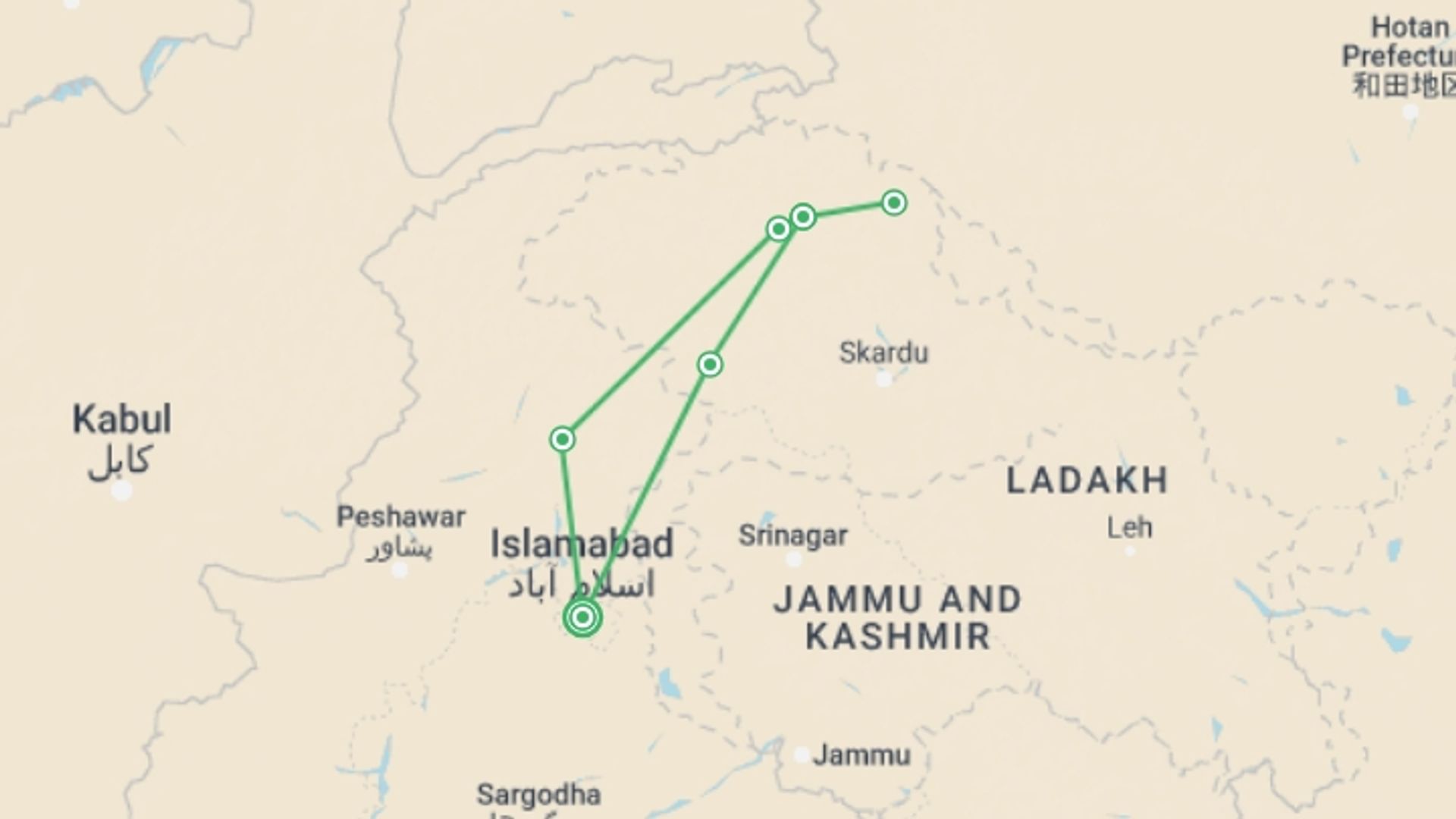 A map showing the tour itinerary for the trip: Hunza Valley Sightseeing Tour, starting in Islamabad, Pakistan and ending in Islamabad, Pakistan going through 5 other destinations.