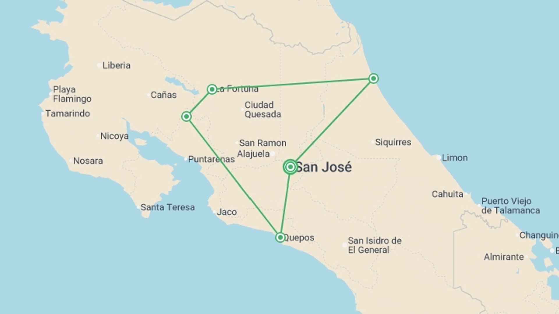 A map showing the tour itinerary for the trip: Simply Costa Rica, starting in San Jose, Costa Rica and ending in San Jose, Costa Rica going through 4 other destinations.