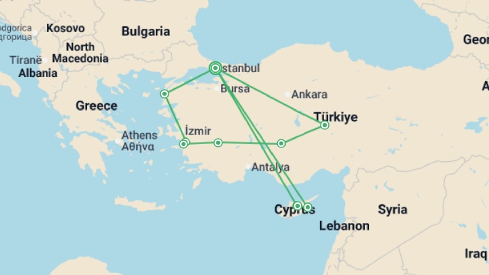 A map showing the tour itinerary for the trip: Fire of Anatolia with Cyprus Sun, starting in Istanbul, Turkey and ending in Istanbul, Turkey going through 9 other destinations.