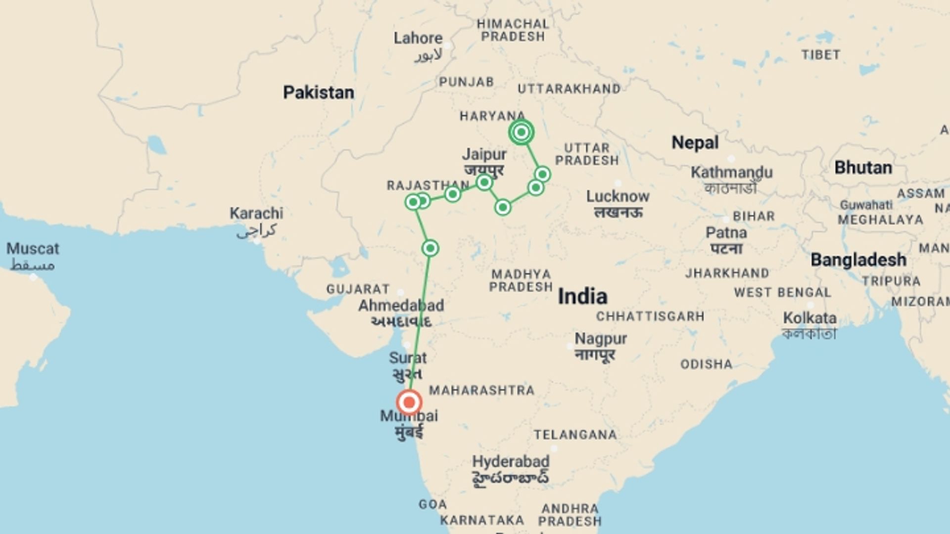 A map showing the tour itinerary for the trip: Northern India: Riverside Safaris, Ancient Fortresses & The Taj Mahal, starting in New Delhi, India and ending in Mumbai, India going through 8 other destinations.
