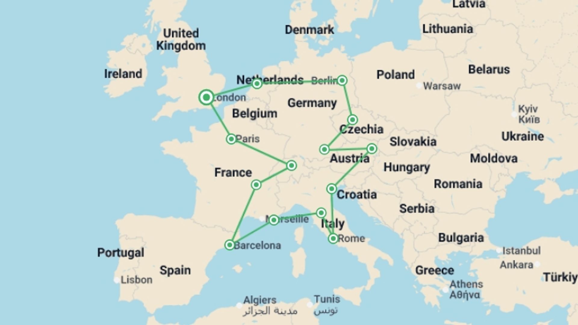 A map showing the tour itinerary for the trip: European Escapade, starting in London, England and ending in London, England going through 3 other destinations.