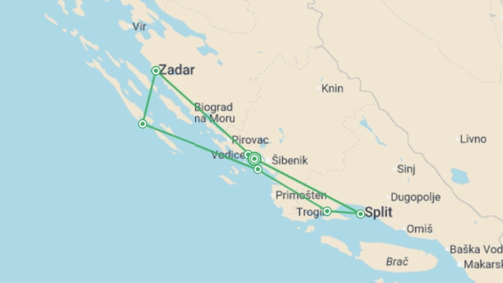 A map showing the tour itinerary for the trip: Dalmatian Highlights Zadar And Split Region Cruise (deluxe Boat Category), starting in Sibenik, Croatia and ending in Sibenik, Croatia going through 6 other destinations.