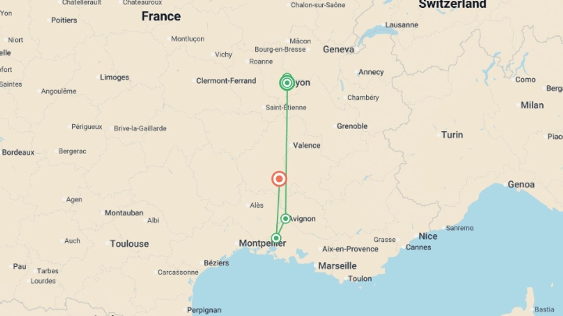A map showing the tour itinerary for the trip: Along the Rhône between Lyon, the Camargue and Provence, with a COMPLIMENTARY dinner at the Abbaye de Collonges ¿ Paul Bocuse (port-to-port cruise), starting in Lyon, France and ending in Viviers, France going through 3 other destinations.