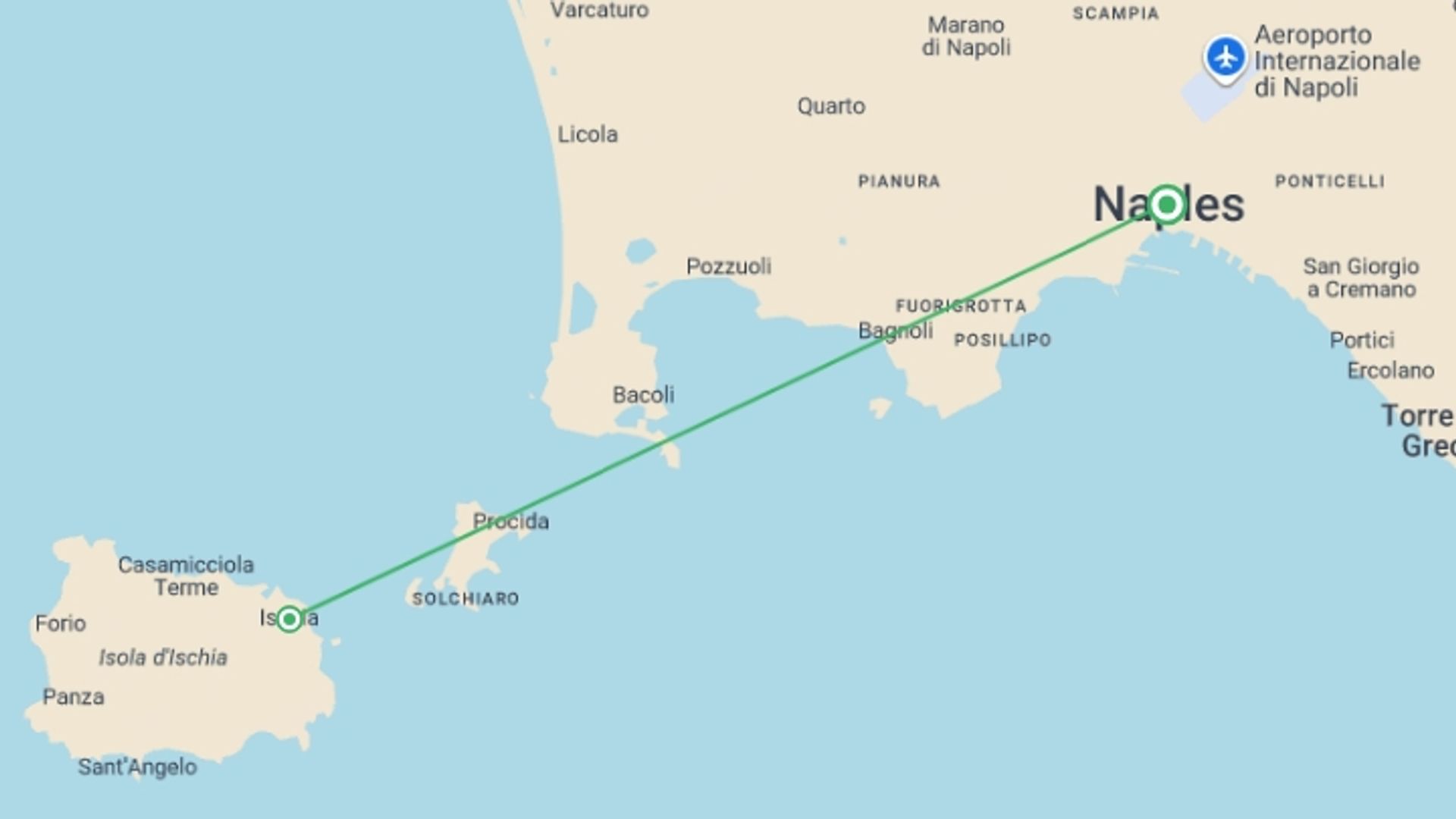 A map showing the tour itinerary for the trip: Ischia Island Spa Break - 8 days, starting in Naples, Italy and ending in Naples, Italy going through 1 other destinations.