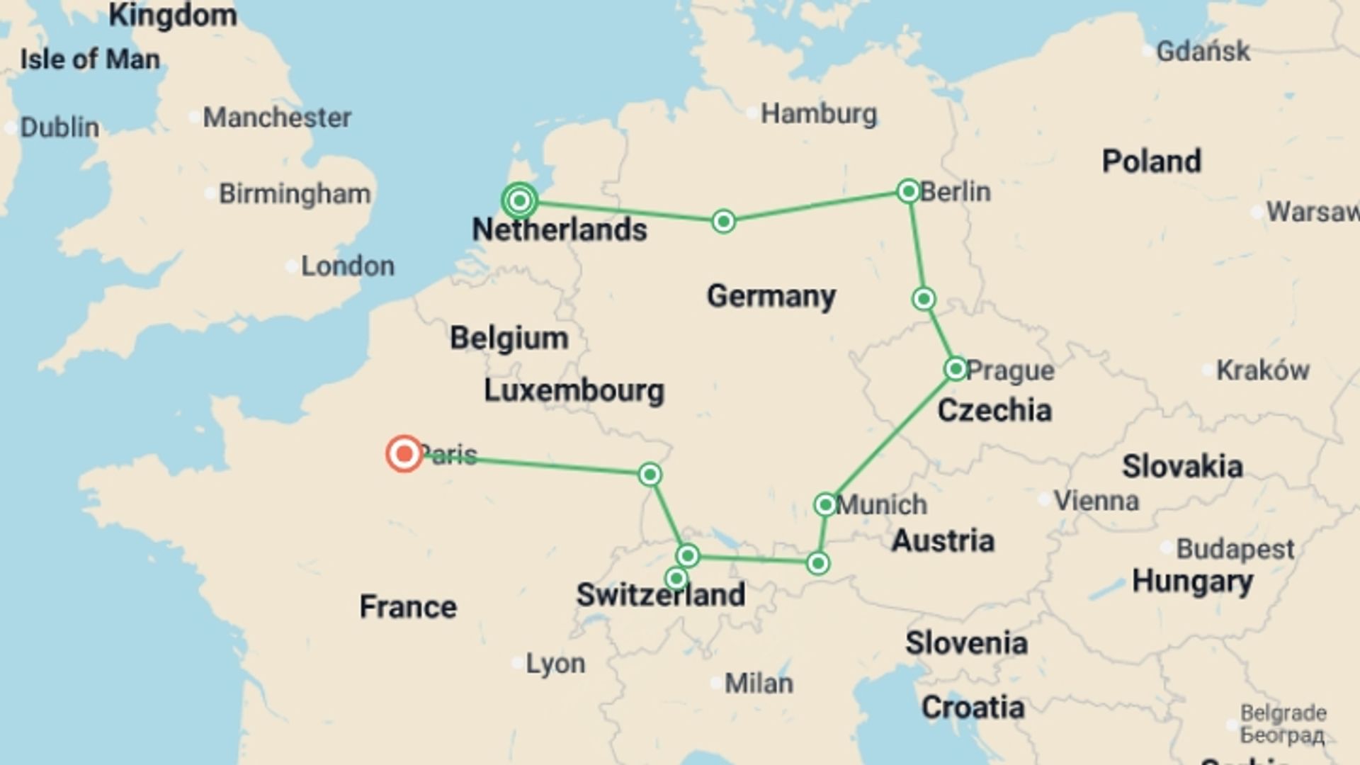 A map showing the tour itinerary for the trip: From Amsterdam to Paris, starting in Amsterdam, Holland and ending in Paris, France going through 4 other destinations.