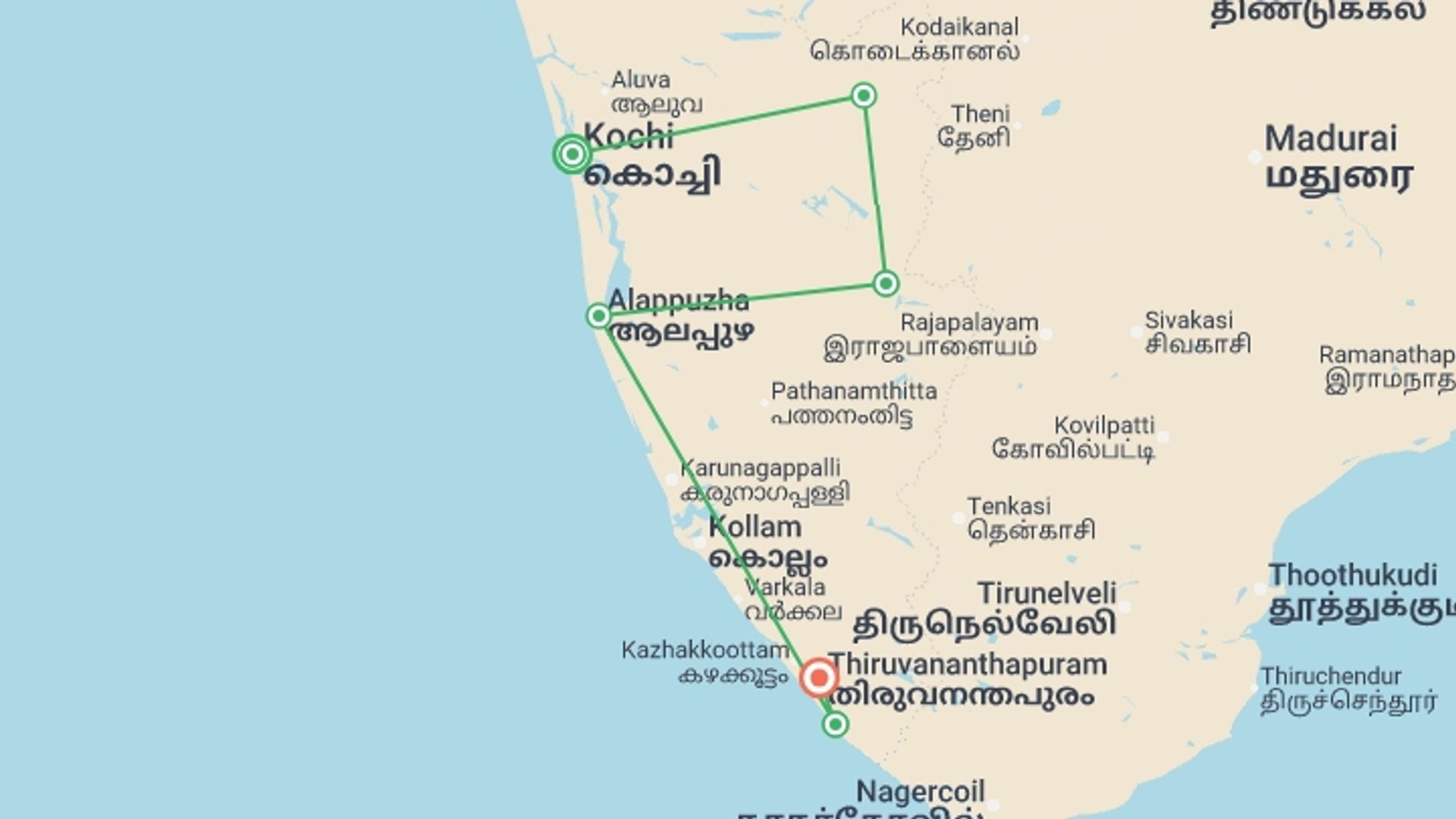 A map showing the tour itinerary for the trip: Kerala & Beach - 10 days, starting in Kochi, India and ending in Trivandrum, India going through 5 other destinations.