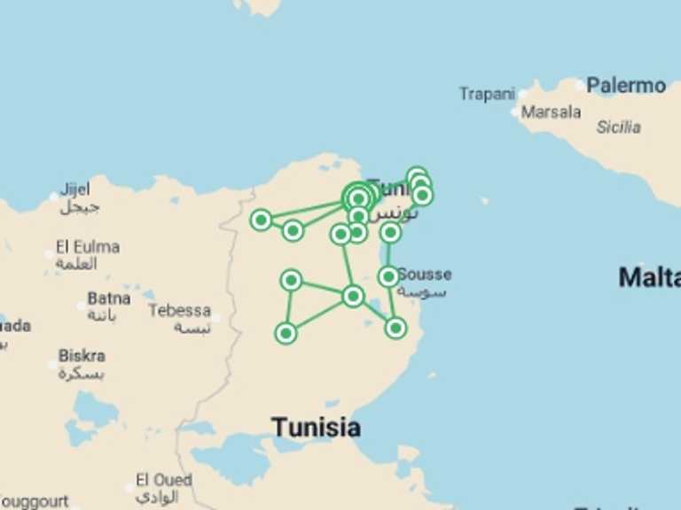 Map itinerary of Africa Tour in April 2027 with 3 destination visits for the trip: Immersive Tunisia, Small Group Tour