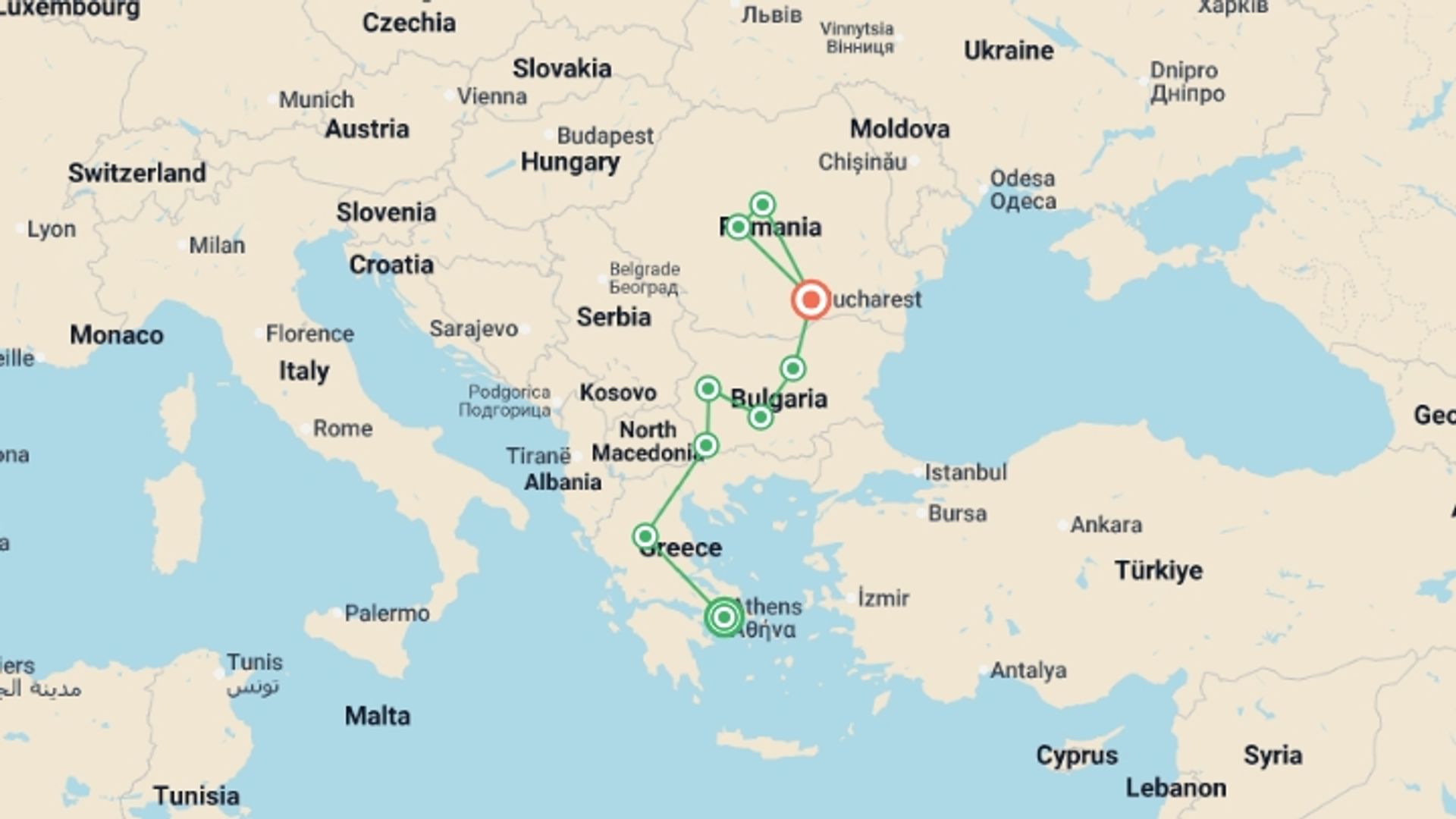 A map showing the tour itinerary for the trip: Northern Greece, Bulgaria, and Romania, starting in Athens, Greece and ending in Bucharest, Romania going through 7 other destinations.