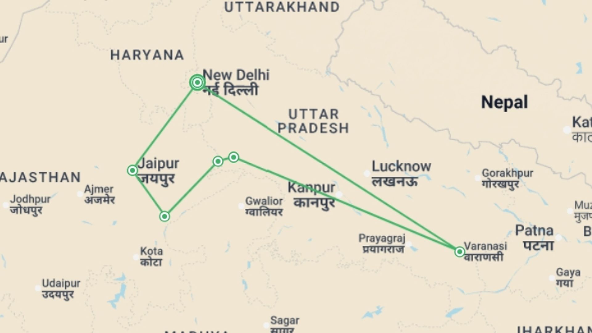 A map showing the tour itinerary for the trip: Highlights of Northern India, starting in New Delhi, India and ending in New Delhi, India going through 4 other destinations.