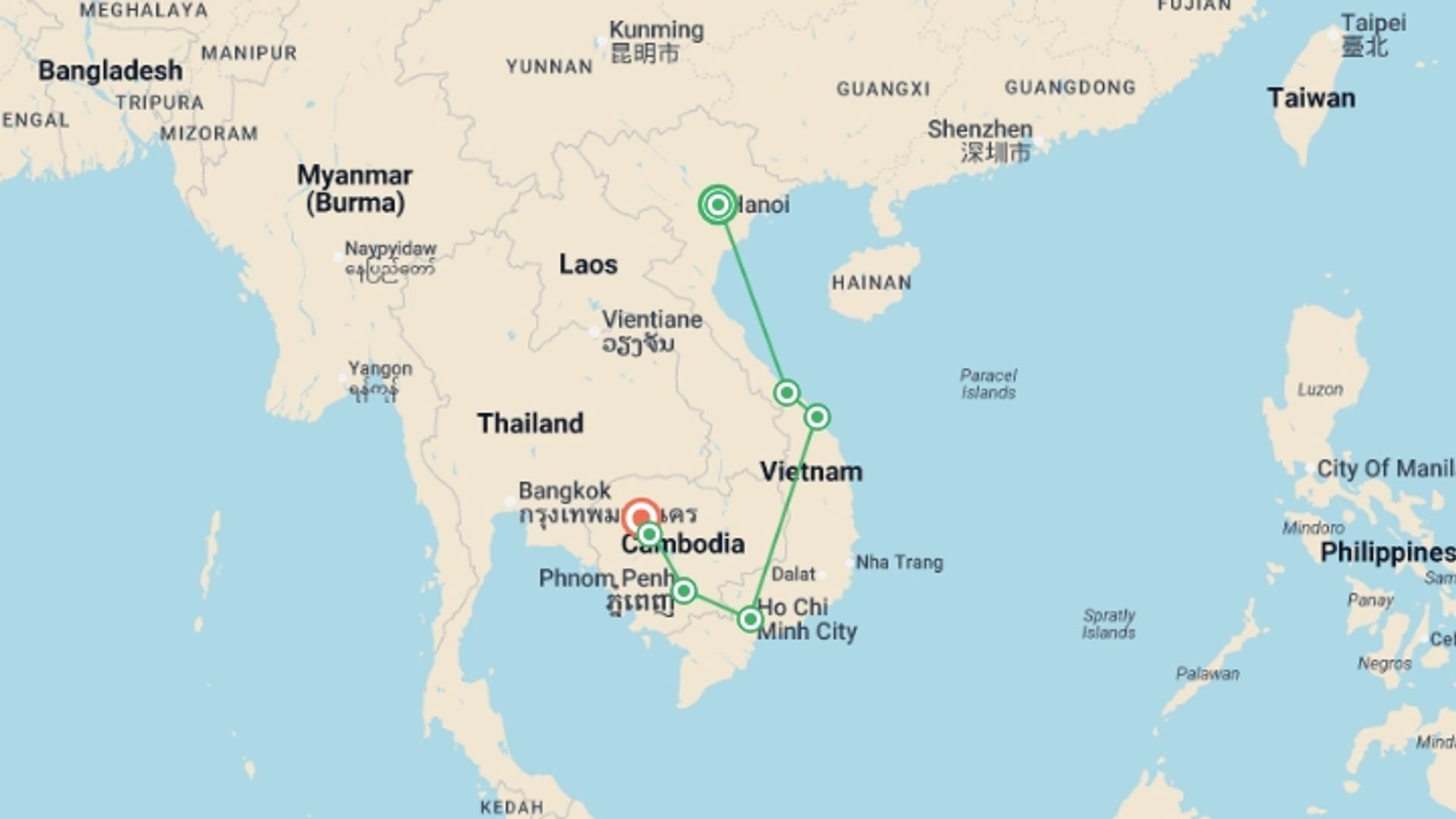 A map showing the tour itinerary for the trip: Journey to Angkor Wat - 15 days, starting in Hanoi, Vietnam and ending in Siem Reap, Cambodia going through 6 other destinations.