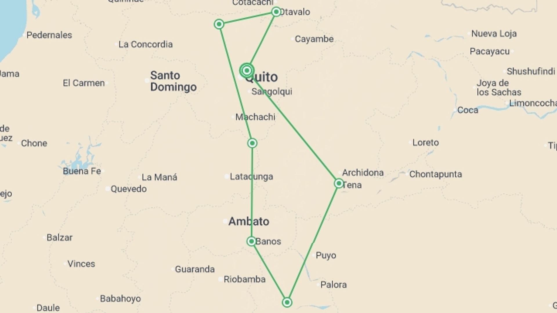 A map showing the tour itinerary for the trip: Ecuador Highlands, starting in Quito, Ecuador and ending in Quito, Ecuador going through 4 other destinations.