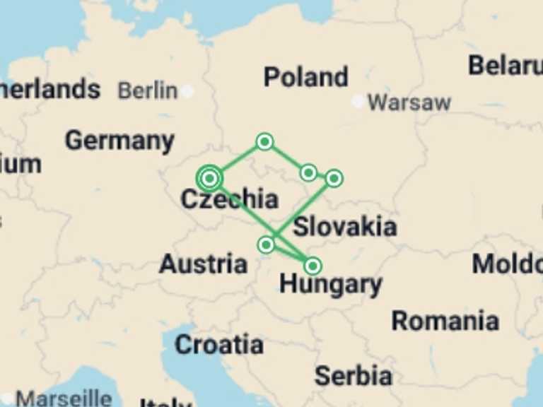 Map of Poland Tour with 4 destination visits for the trip: Czech Republic, Budapest, and Heart of Poland, Ending in Prague