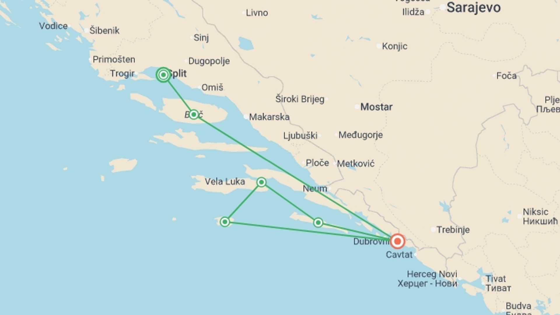 A map showing the tour itinerary for the trip: Croatia Sailing Adventure: Split to Dubrovnik, starting in Split, Croatia and ending in Dubrovnik, Croatia going through 4 other destinations.