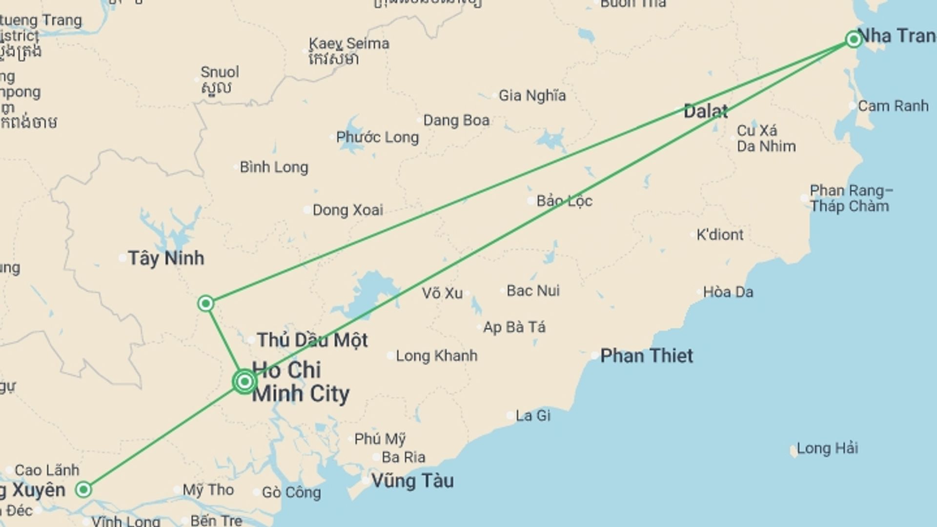 A map showing the tour itinerary for the trip: Mekong Delta And Nha Trang 8 Days 7 Nights, starting in Ho Chi Minh City, Vietnam and ending in Ho Chi Minh City, Vietnam going through 1 other destinations.