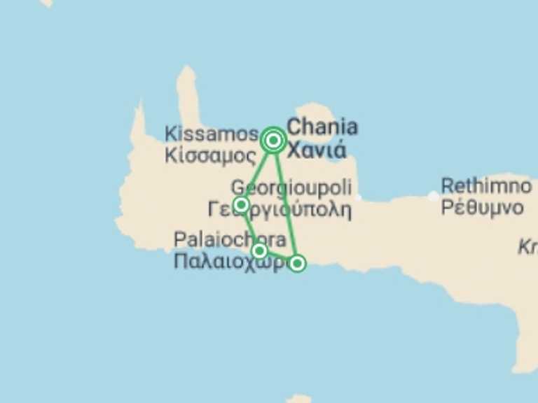 Map of Mediterranean Tour with 4 destination visits for the trip: Hiking Crete: Gorges & Coastal Walks