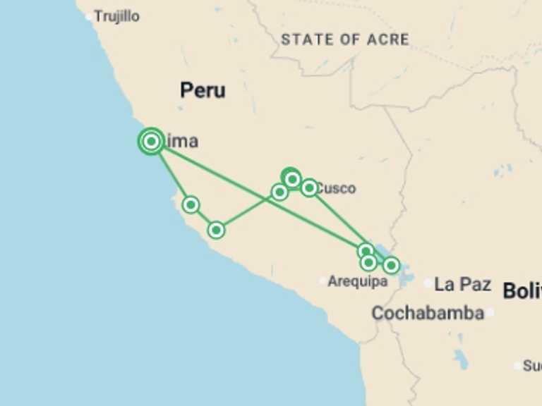 Map of a Adventure and sport Tour with 13 destination visits for the trip: Inca Trail, Titicaca & Nazca