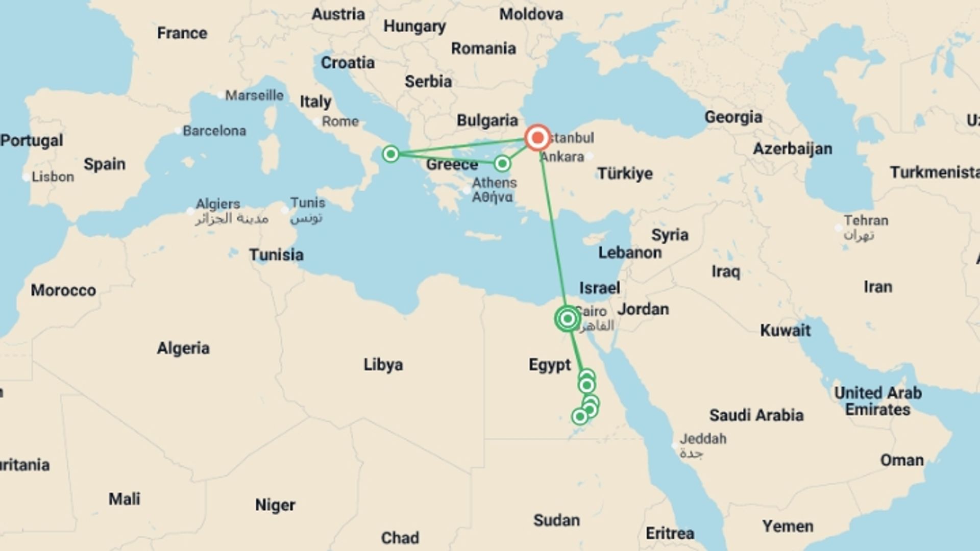 A map showing the tour itinerary for the trip: Classical Egypt & ANZAC 2027 - 16 days, starting in Cairo, Egypt and ending in Istanbul, Turkey going through 8 other destinations.