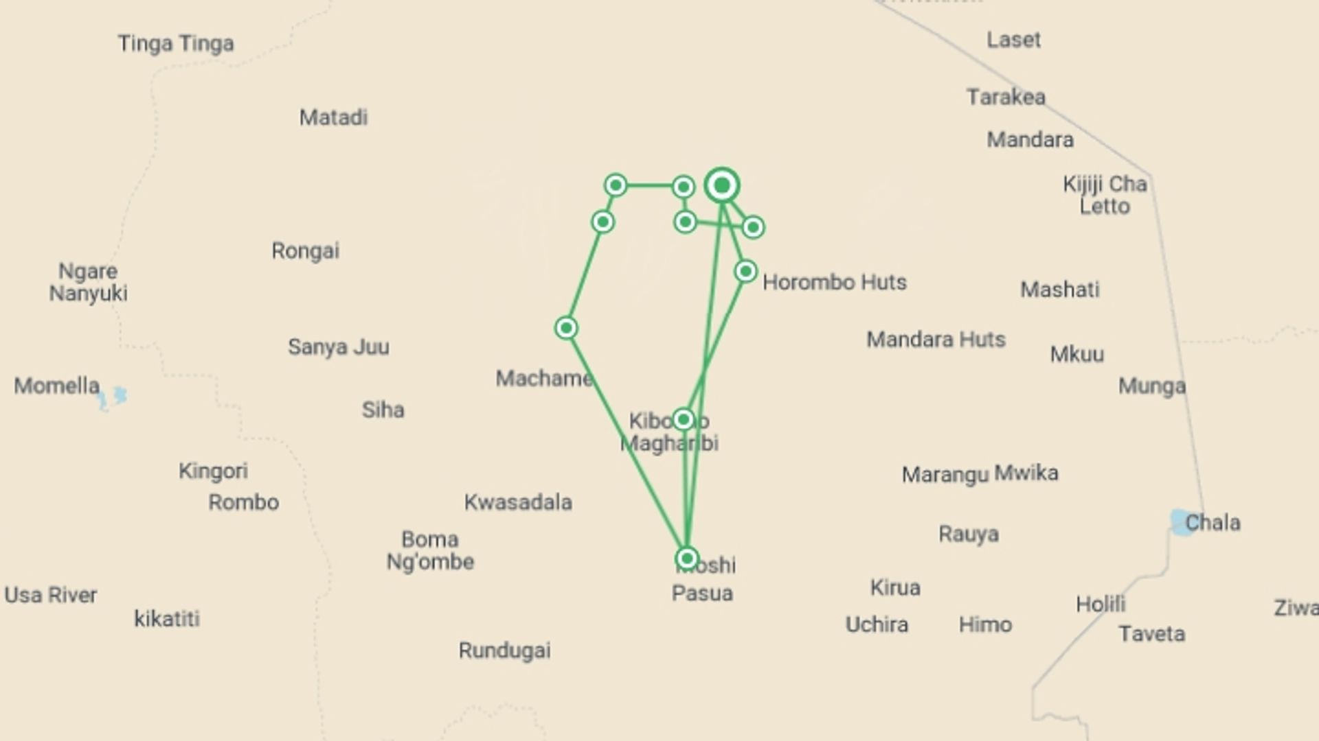 A map showing the tour itinerary for the trip: Machame Route, Silver Level Climb (on Request), starting in Kilimanjaro, Tanzania and ending in Kilimanjaro, Tanzania going through 6 other destinations.