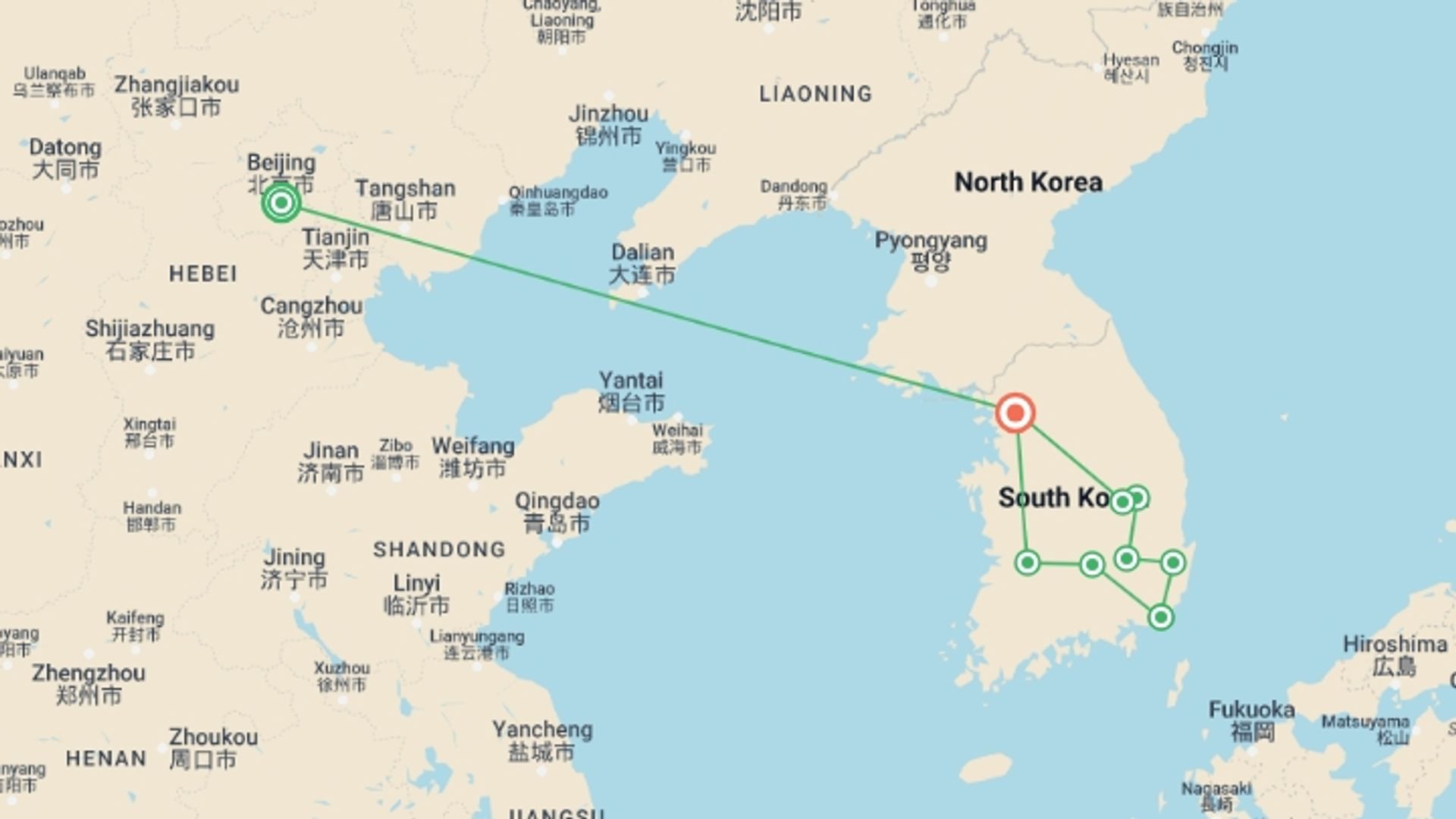 A map showing the tour itinerary for the trip: Beijing and Korean Landscapes, starting in Beijing, China and ending in Seoul, South Korea going through 3 other destinations.