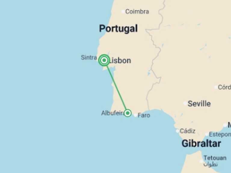 Map itinerary of Portugal Tour in January 2027 with 2 destination visits for the trip: Portuguese Coast and Cultural Discovery - 5 days