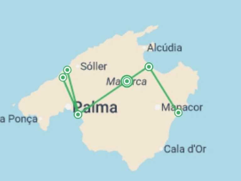 Map itinerary of Spain Tour in March 2027 with 4 destination visits for the trip: Classic Mallorca, Self-drive