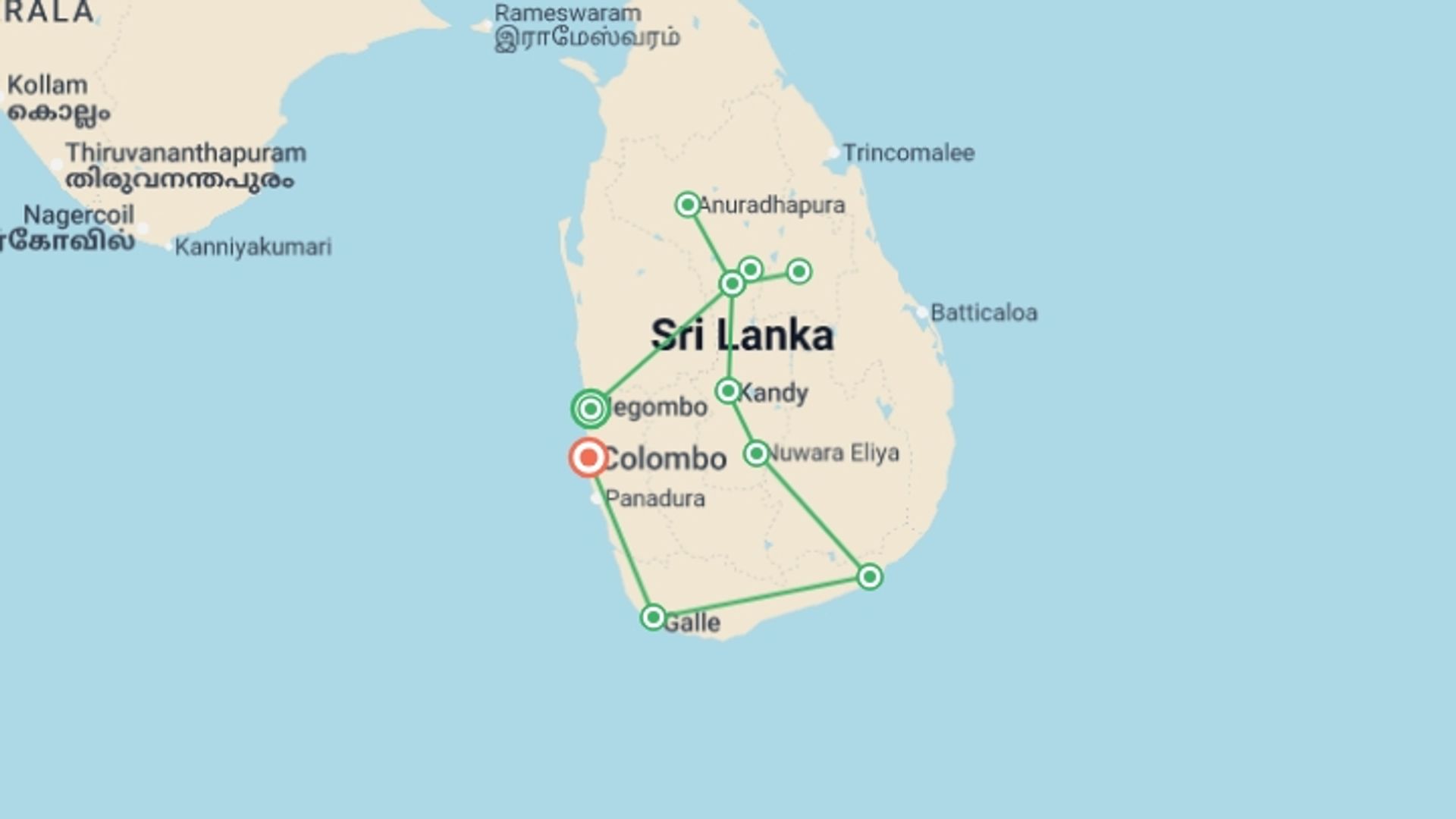 A map showing the tour itinerary for the trip: Premium Sri Lanka in Depth, starting in Negombo, Sri Lanka and ending in Colombo, Sri Lanka going through 5 other destinations.