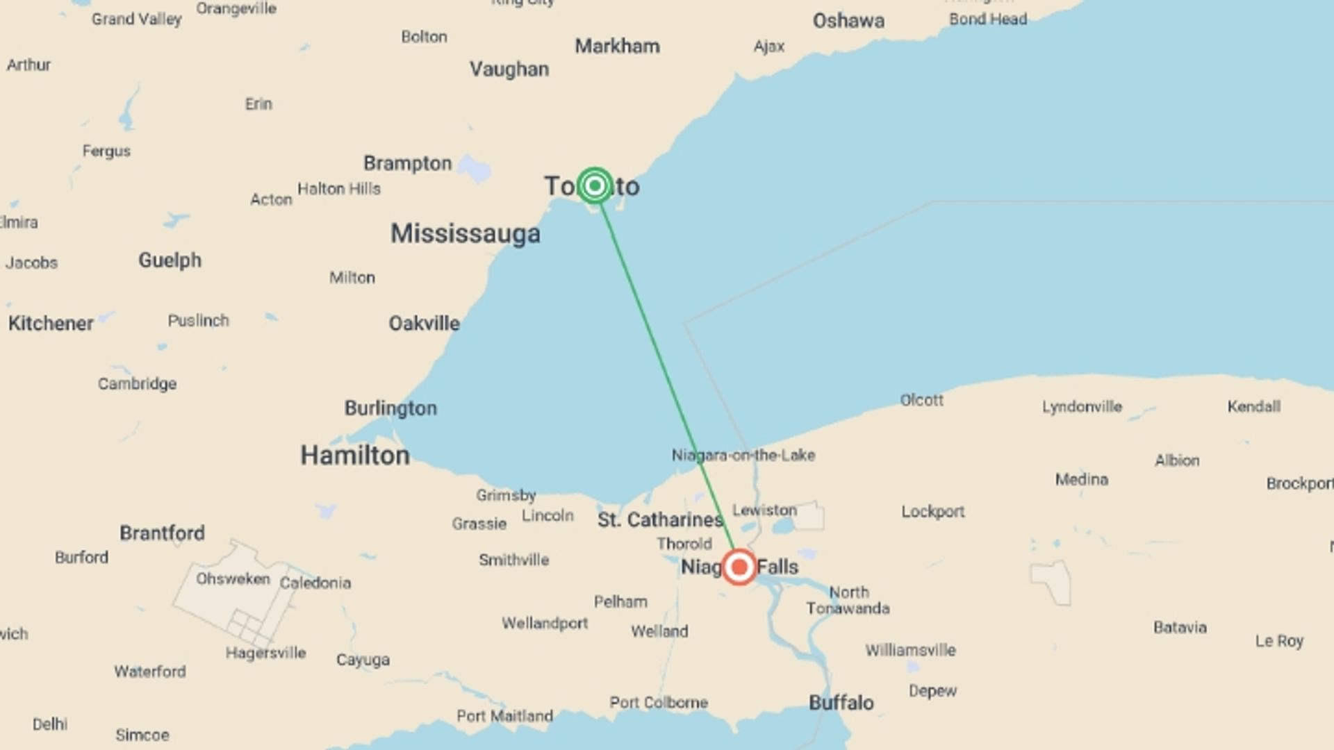 A map showing the tour itinerary for the trip: Toronto and Niagara, starting in Toronto, Canada and ending in Niagara Falls, canada going through 0 other destinations.