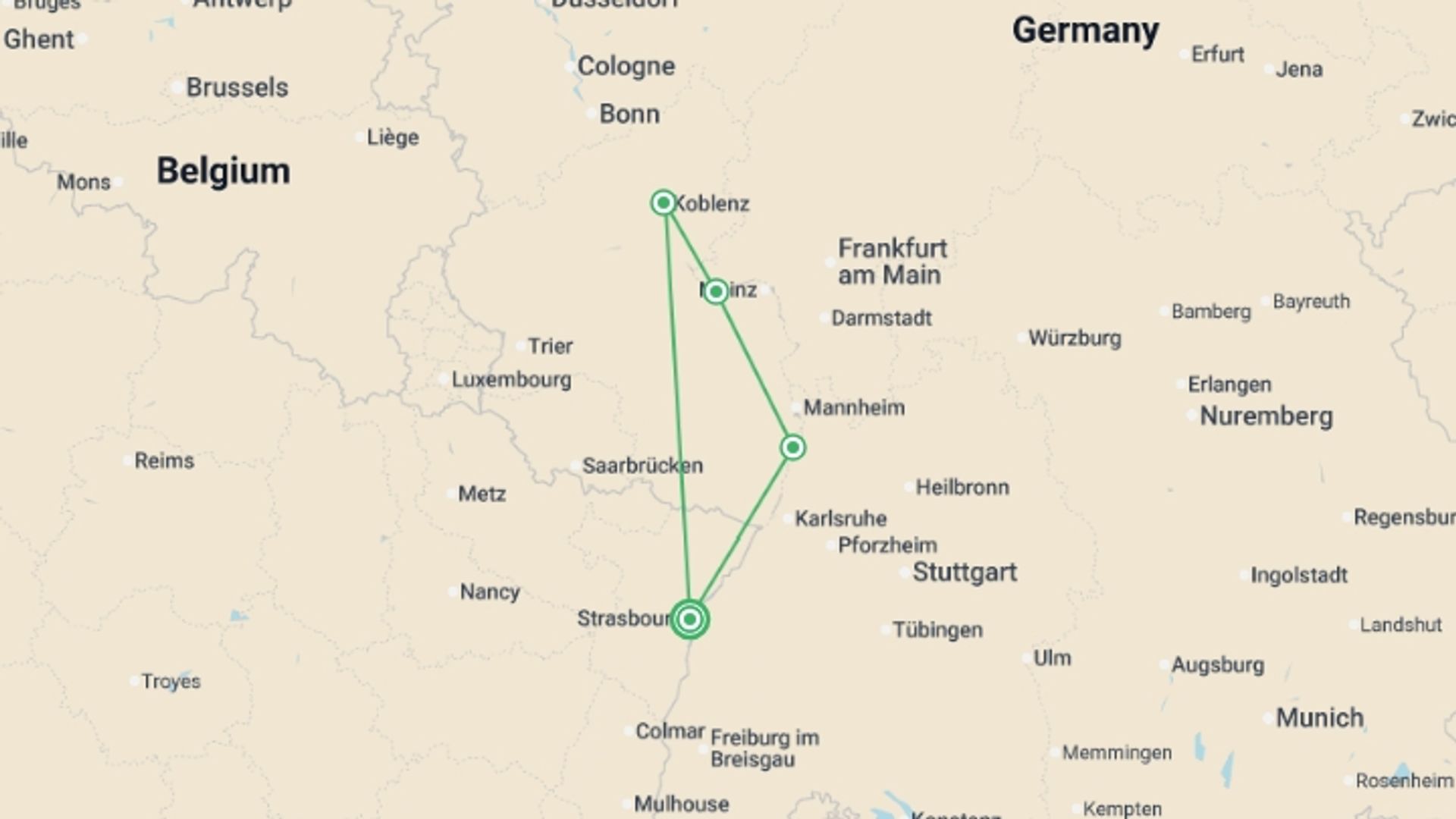 A map showing the tour itinerary for the trip: The Romantic Rhine Valley and the Rock of Lorelei (port-to-port cruise), starting in Strasbourg, France and ending in Strasbourg, France going through 3 other destinations.