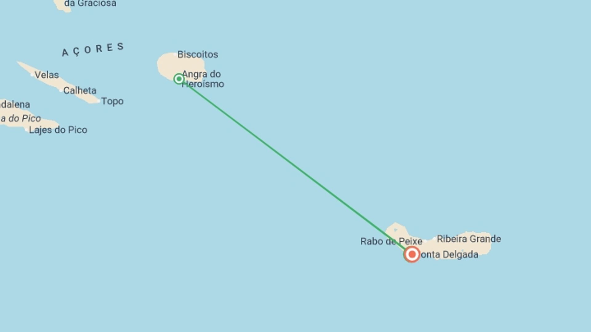 A map showing the tour itinerary for the trip: Signature: The Azores' Terceira & São Miguel, starting in Azores, Portugal and ending in Ponta delgada, Portugal going through 1 other destinations.