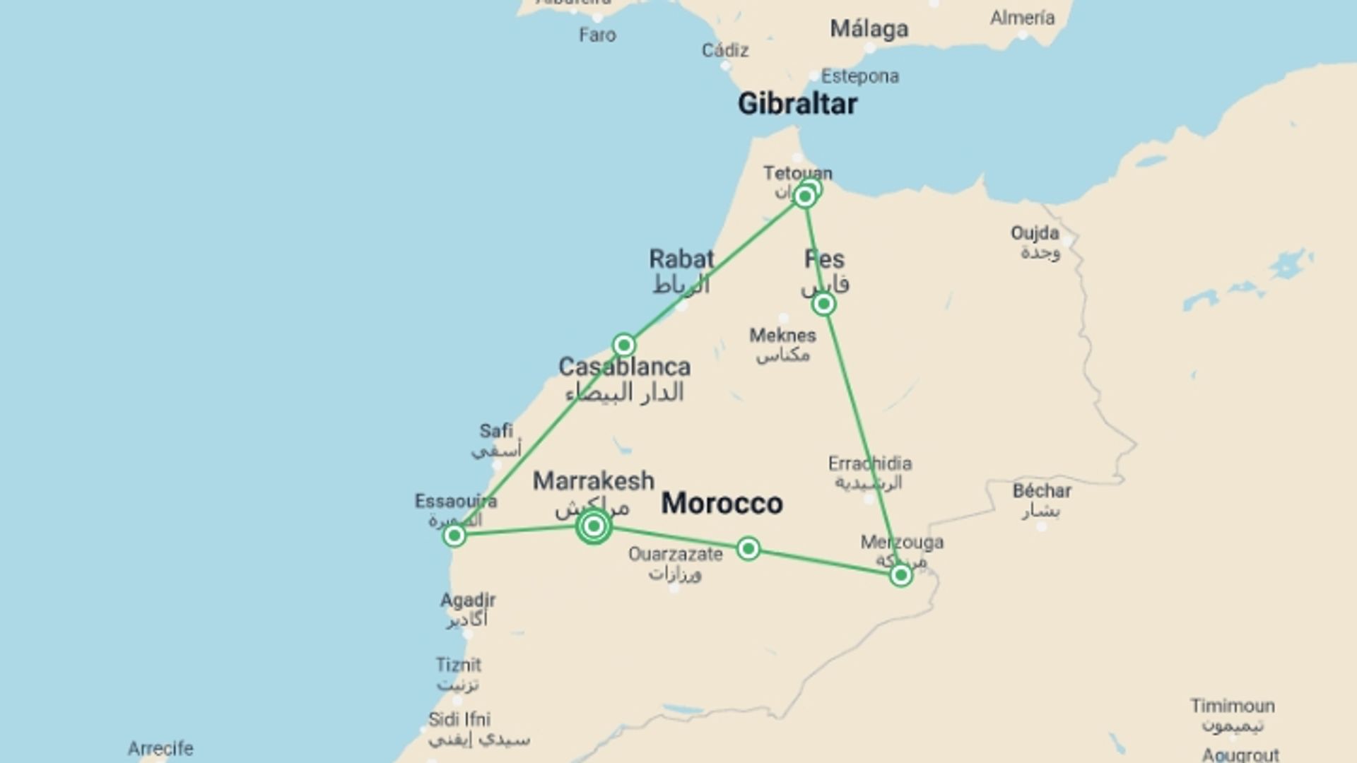 A map showing the tour itinerary for the trip: 10 Day Private Tour from Marrakech, starting in Marrakech, Morocco and ending in Marrakech, Morocco going through 6 other destinations.