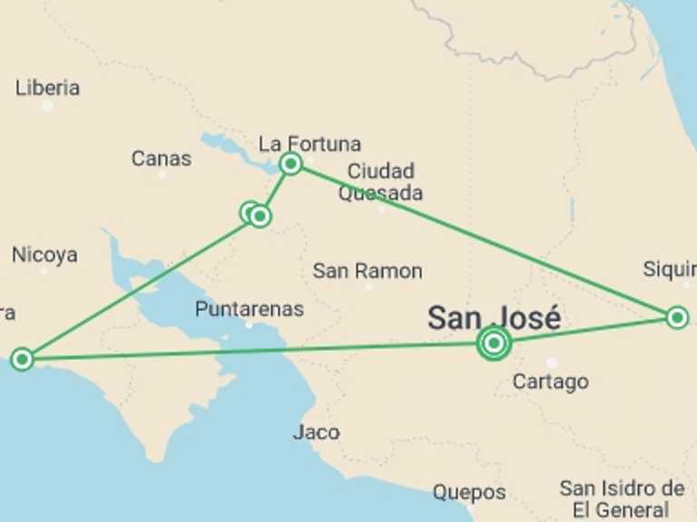 Map of a National parks Tour with 6 destination visits for the trip: Eco Adventure Trip in Costa Rica