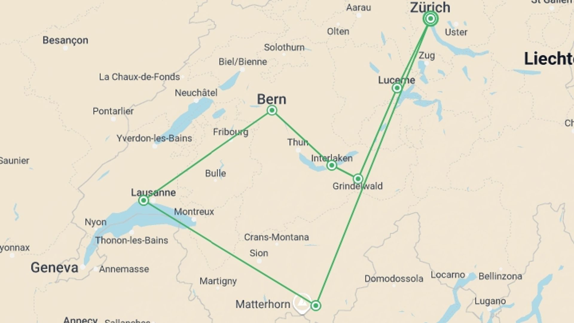 A map showing the tour itinerary for the trip: Highlights of Switzerland in Eleven Days, starting in Zurich, Switzerland and ending in Zurich, Switzerland going through 5 other destinations.