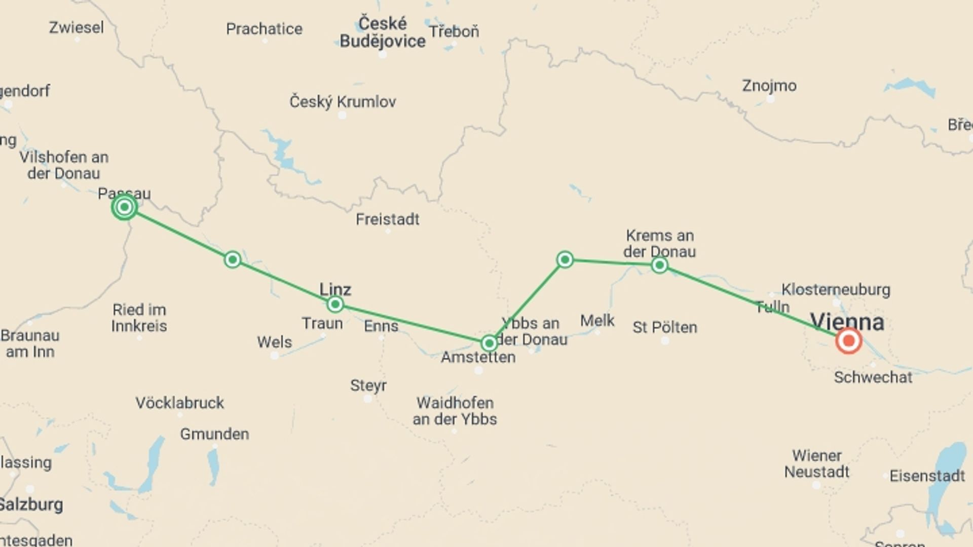 A map showing the tour itinerary for the trip: Blue Danube Cycle to Vienna in Comfort, starting in Passau, Germany and ending in Vienna, Austria going through 5 other destinations.
