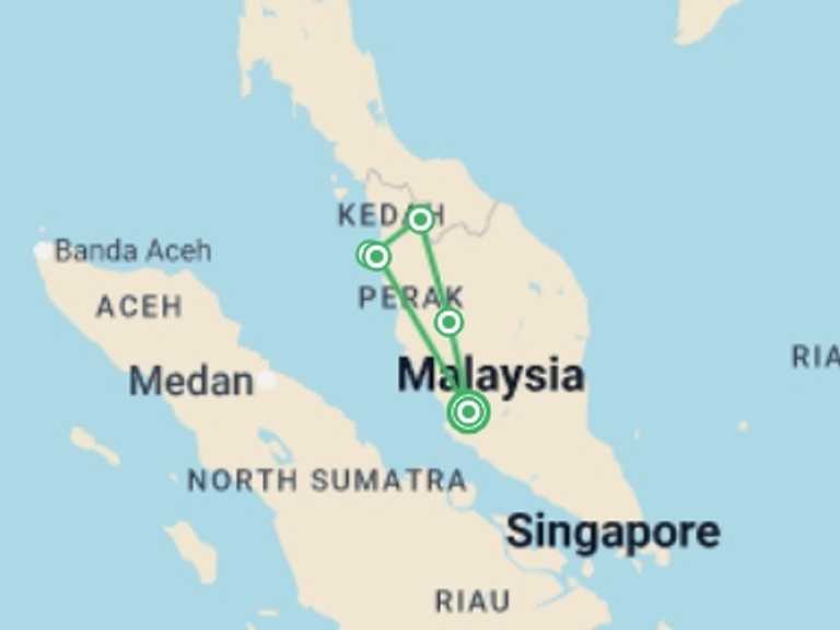 Map itinerary of Asia Tour in May 2026 with 5 destination visits for the trip: Malaysia Highlights