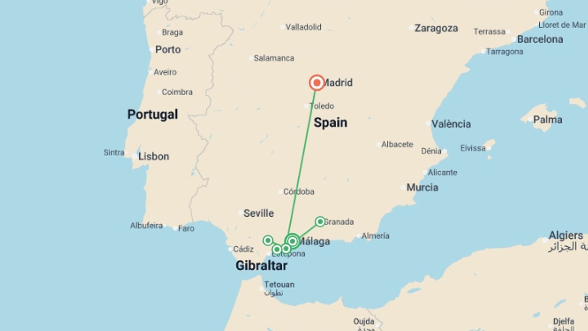 A map showing the tour itinerary for the trip: Spain's Costa del Sol & Madrid , starting in Malaga, Spain and ending in Madrid, Spain going through 1 other destinations.