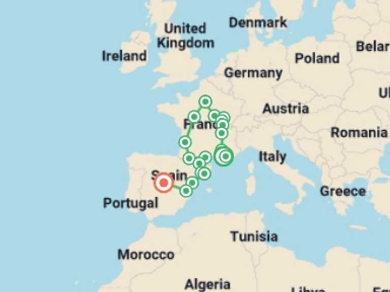 Map of 14-Day Madrid Tour with 12 destination visits for the trip: France, Andorra and Spain